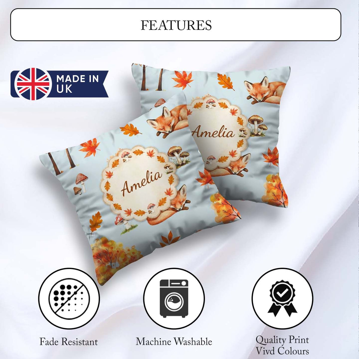 Custom Name Cute Autumn Fox Mushrooms Watercolor Blue Background Square Filled Cushion Throw Pillow Sofa Bed Home Decor Zip Washable UK Made