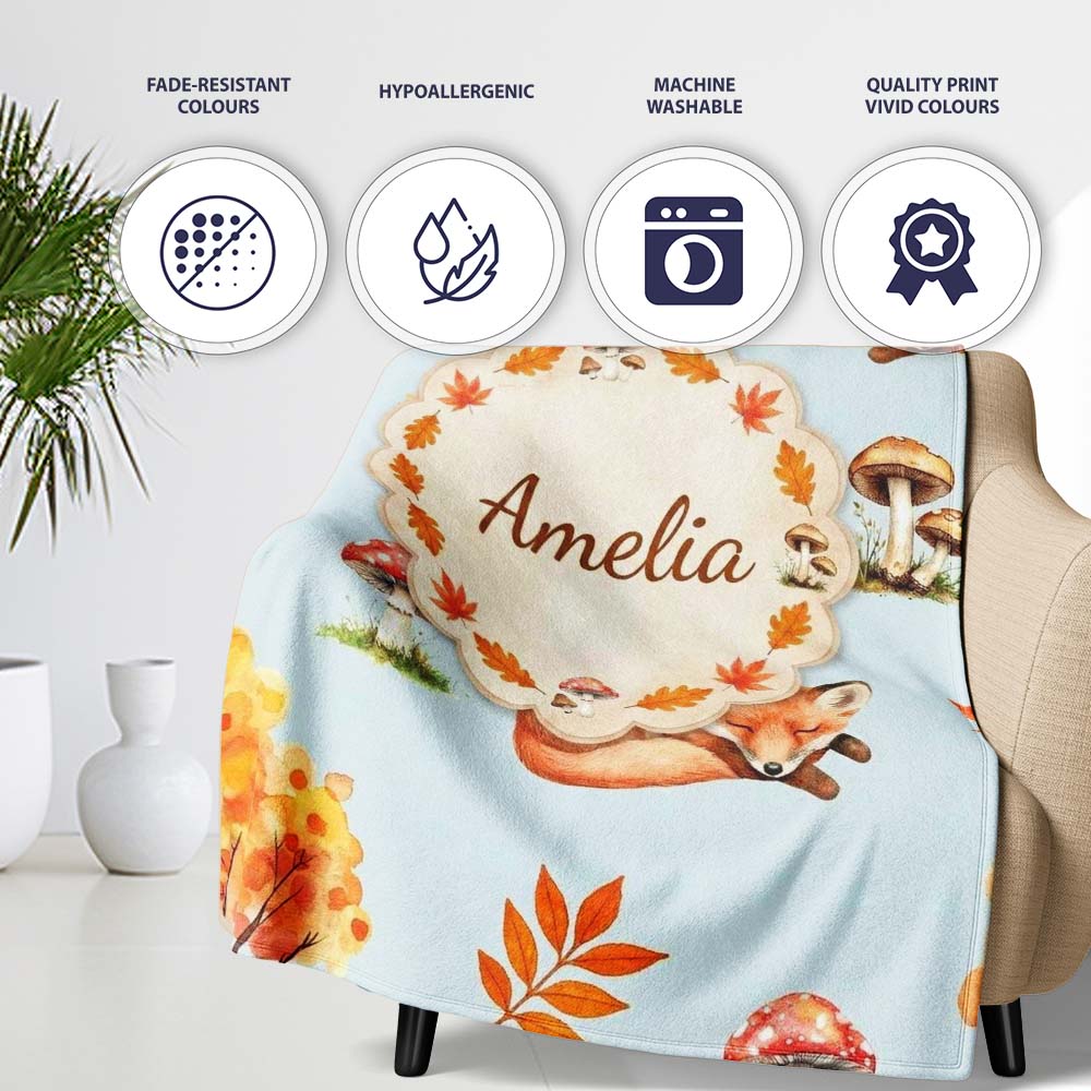 Cute Autumn Fox Leaves Mushrooms Watercolor Blue Background  Personalised Custom Name Super Soft Fleece Blanket Bed Sofa Throw