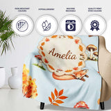 Cute Autumn Fox Leaves Mushrooms Watercolor Blue Background  Personalised Custom Name Super Soft Fleece Blanket Bed Sofa Throw