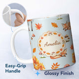Personalized Custom Name Cute Autumn Fox Leaves Mushrooms Watercolor Blue Background 11oz Ceramic Coffee Tea Mug White Large Handle