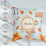 Custom Name Cute Autumn Fox Mushrooms Watercolor Blue Background Square Filled Cushion Throw Pillow Sofa Bed Home Decor Zip Washable UK Made