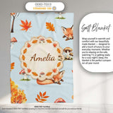 Cute Autumn Fox Leaves Mushrooms Watercolor Blue Background  Personalised Custom Name Super Soft Fleece Blanket Bed Sofa Throw