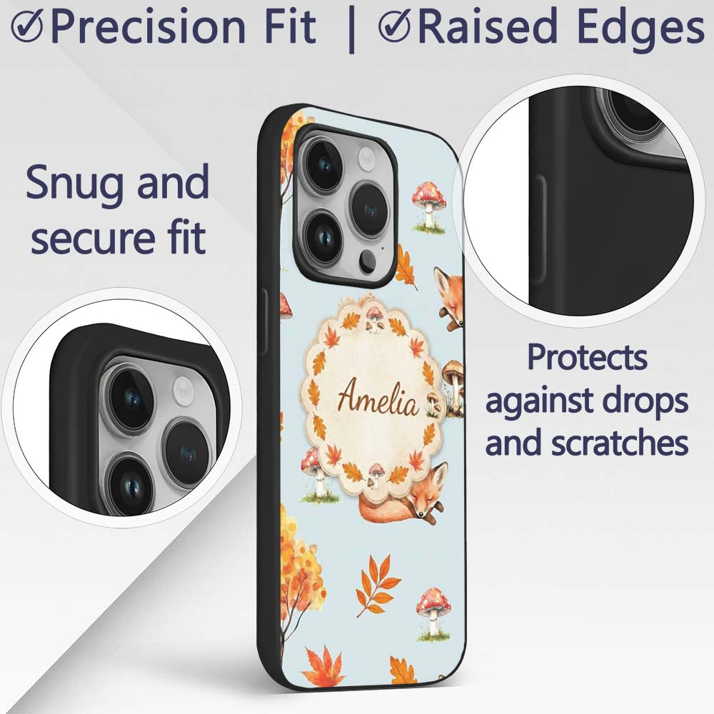 Cute Autumn Fox Leaves Mushrooms Watercolor Blue Custom Name Protective Phone Case Mobile Cover Durable Everyday Smartphone Shock Resistant