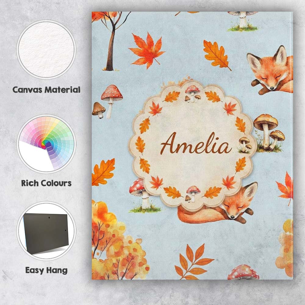 Personalised Name Cute Autumn Fox Leaves Custom  Unique Gift Idea Elegant Feature Canvas Wall Art Print Decor Picture Ready to Hang