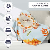 Cute Autumn Fox Leaves Mushrooms Watercolor Blue Background  Personalised Custom Name Super Soft Fleece Blanket Bed Sofa Throw