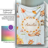 Cute Autumn Fox Leaves Mushrooms Watercolor Blue Background  Personalised Custom Name Super Soft Fleece Blanket Bed Sofa Throw