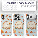 Cute Autumn Fox Leaves Mushrooms Watercolor Blue Custom Name Protective Phone Case Mobile Cover Durable Everyday Smartphone Shock Resistant