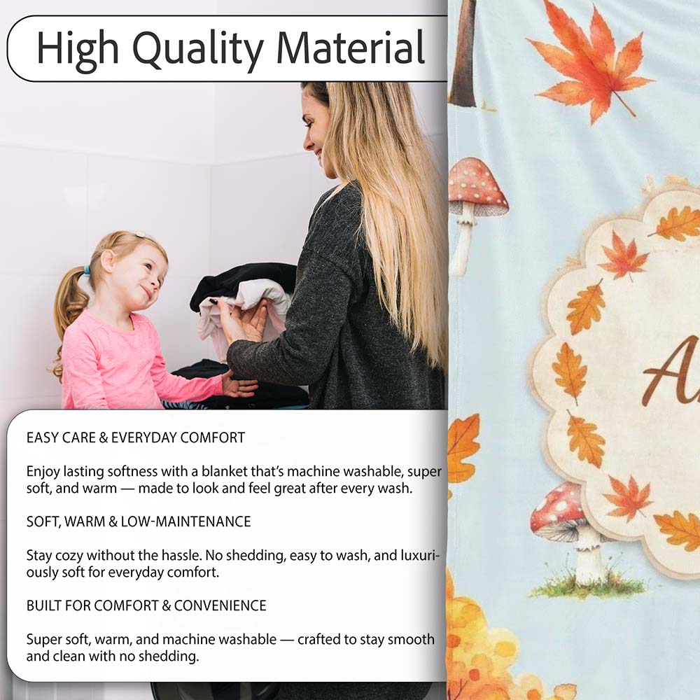 Cute Autumn Fox Leaves Mushrooms Watercolor Blue Background  Personalised Custom Name Super Soft Fleece Blanket Bed Sofa Throw