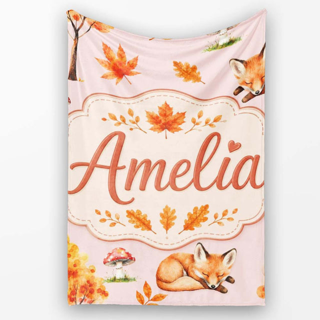 Cute Autumn Fox Leaves Mushrooms Watercolor Beige Background  Personalised Custom Name Super Soft Fleece Blanket Bed Sofa Throw