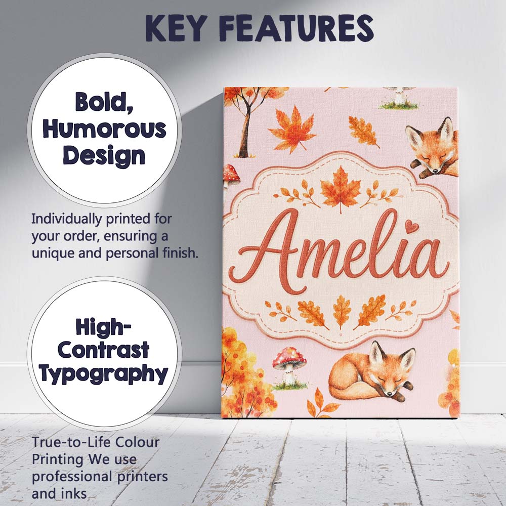 Personalised Name Cute Autumn Fox Leaves Custom  Unique Gift Idea Elegant Feature Canvas Wall Art Print Decor Picture Ready to Hang