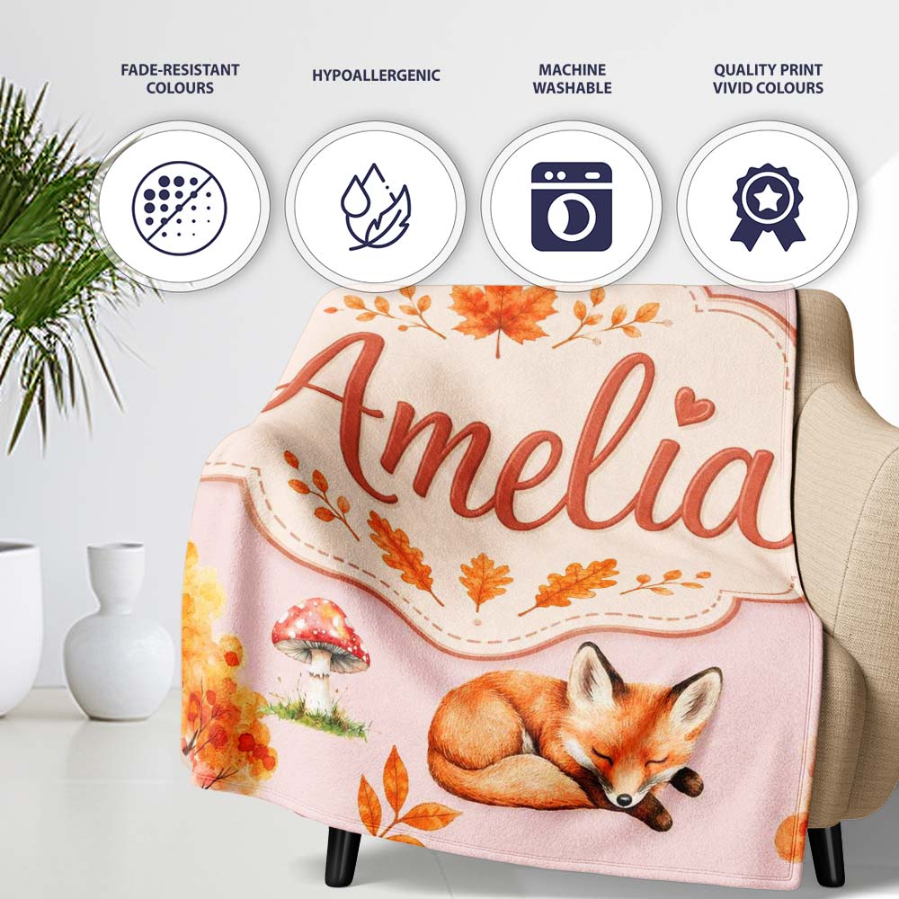 Cute Autumn Fox Leaves Mushrooms Watercolor Beige Background  Personalised Custom Name Super Soft Fleece Blanket Bed Sofa Throw