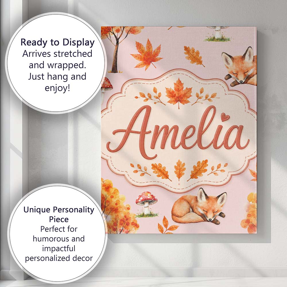 Personalised Name Cute Autumn Fox Leaves Custom  Unique Gift Idea Elegant Feature Canvas Wall Art Print Decor Picture Ready to Hang