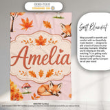 Cute Autumn Fox Leaves Mushrooms Watercolor Beige Background  Personalised Custom Name Super Soft Fleece Blanket Bed Sofa Throw