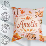 Custom Name Cute Autumn Fox Leaves Watercolor Beige Background Square Filled Cushion Throw Pillow Sofa Bed Home Decor Zip Washable UK Made