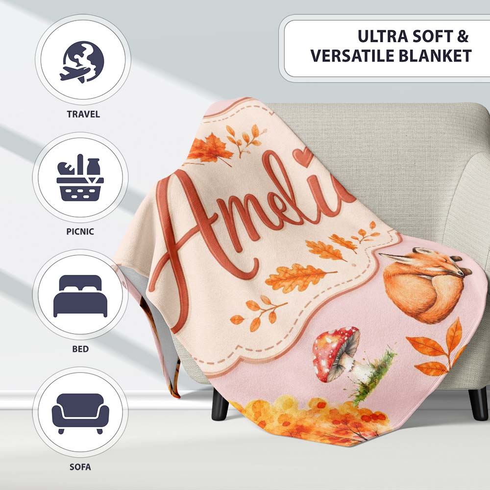 Cute Autumn Fox Leaves Mushrooms Watercolor Beige Background  Personalised Custom Name Super Soft Fleece Blanket Bed Sofa Throw