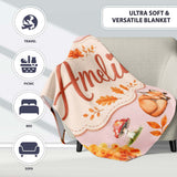 Cute Autumn Fox Leaves Mushrooms Watercolor Beige Background  Personalised Custom Name Super Soft Fleece Blanket Bed Sofa Throw