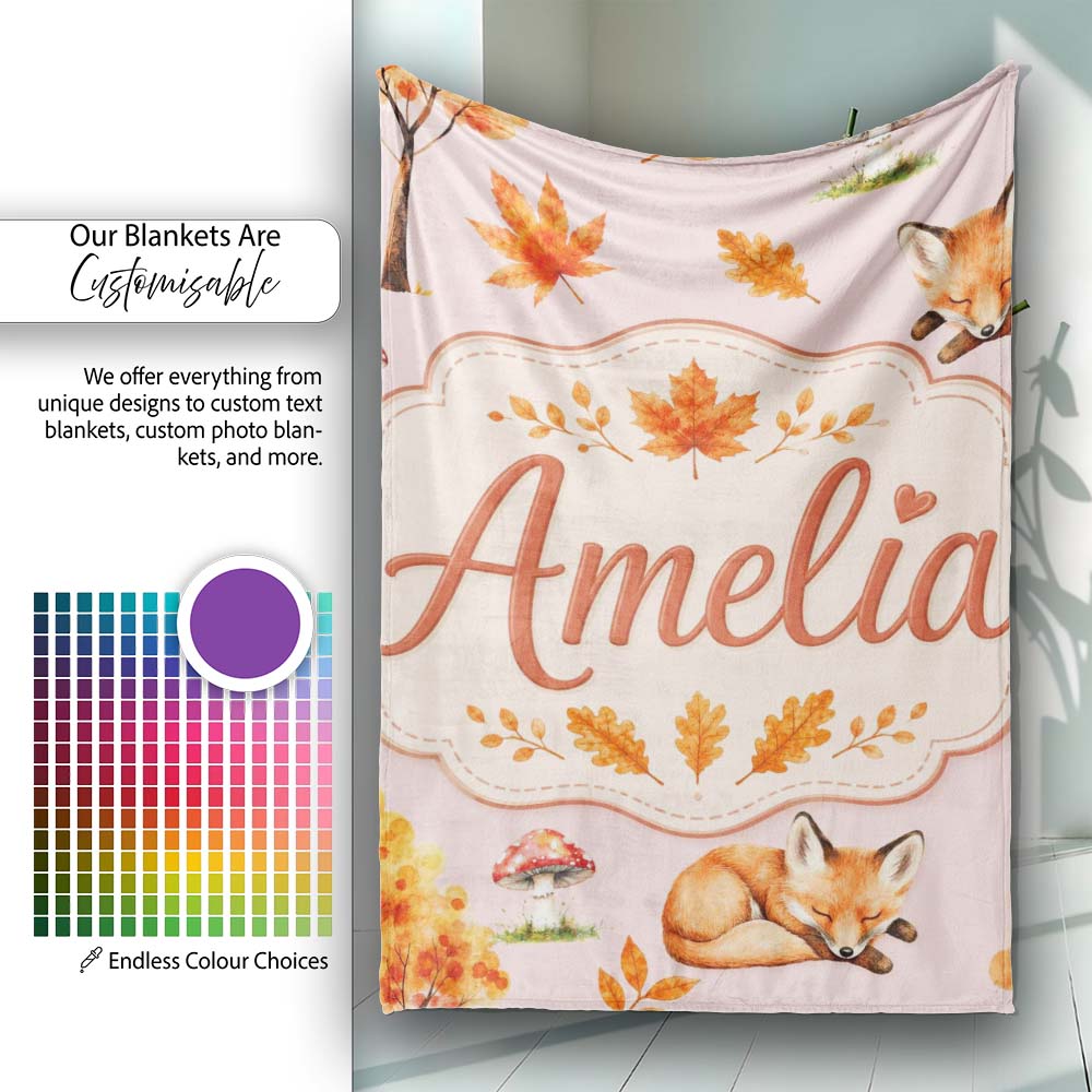 Cute Autumn Fox Leaves Mushrooms Watercolor Beige Background  Personalised Custom Name Super Soft Fleece Blanket Bed Sofa Throw