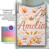 Cute Autumn Fox Leaves Mushrooms Watercolor Beige Background  Personalised Custom Name Super Soft Fleece Blanket Bed Sofa Throw