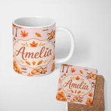 Personalized Custom Name Cute Autumn Fox Leaves Mushrooms Watercolor Sage Green Seamless 11oz Ceramic Coffee Tea Mug White Large Handle