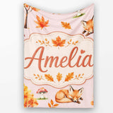 Cute Autumn Fox Leaves Mushrooms Watercolor Sage Green Seamless  Personalised Custom Name Super Soft Fleece Blanket Bed Sofa Throw