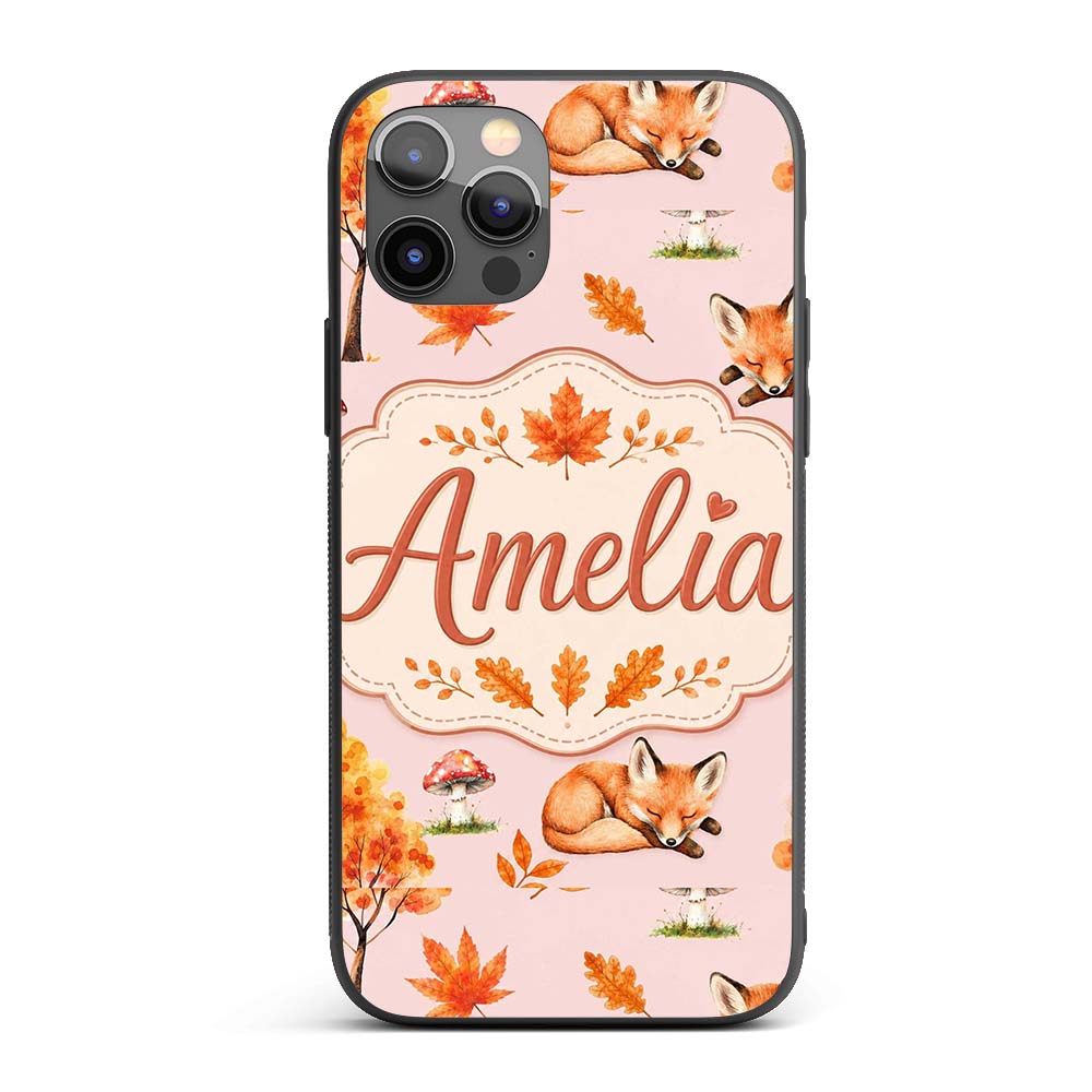 Cute Autumn Fox Leaves Mushrooms Watercolor Sage Custom Name Protective Phone Case Mobile Cover Durable Everyday Smartphone Shock Resistant