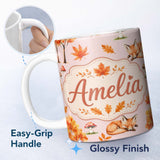 Personalized Custom Name Cute Autumn Fox Leaves Mushrooms Watercolor Sage Green Seamless 11oz Ceramic Coffee Tea Mug White Large Handle