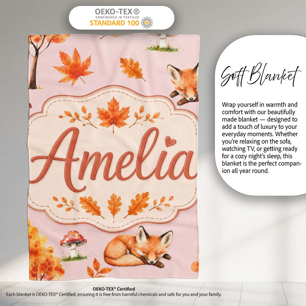 Cute Autumn Fox Leaves Mushrooms Watercolor Sage Green Seamless  Personalised Custom Name Super Soft Fleece Blanket Bed Sofa Throw