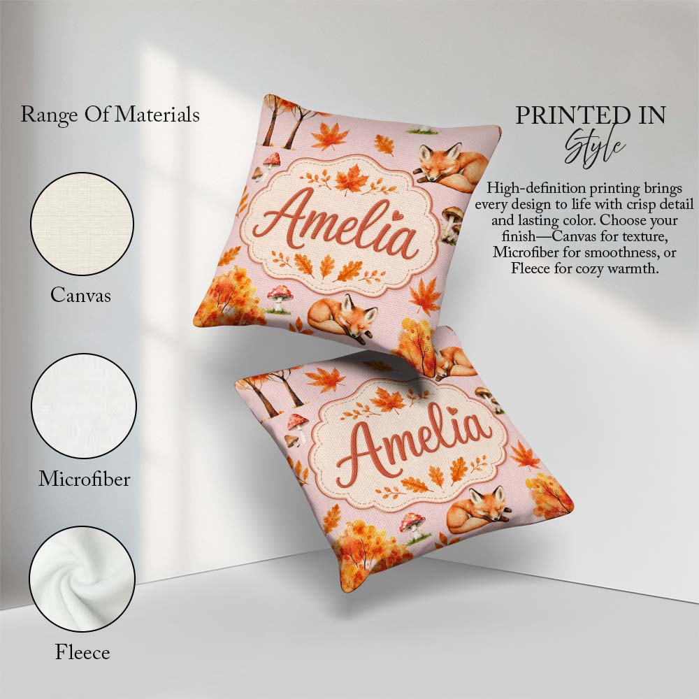 Custom Name Cute Autumn Fox Leaves Mushrooms Sage Green Seamless Square Filled Cushion Throw Pillow Sofa Bed Home Decor Zip Washable UK Made