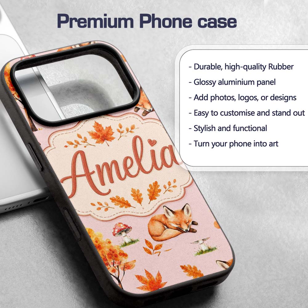 Cute Autumn Fox Leaves Mushrooms Watercolor Sage Custom Name Protective Phone Case Mobile Cover Durable Everyday Smartphone Shock Resistant