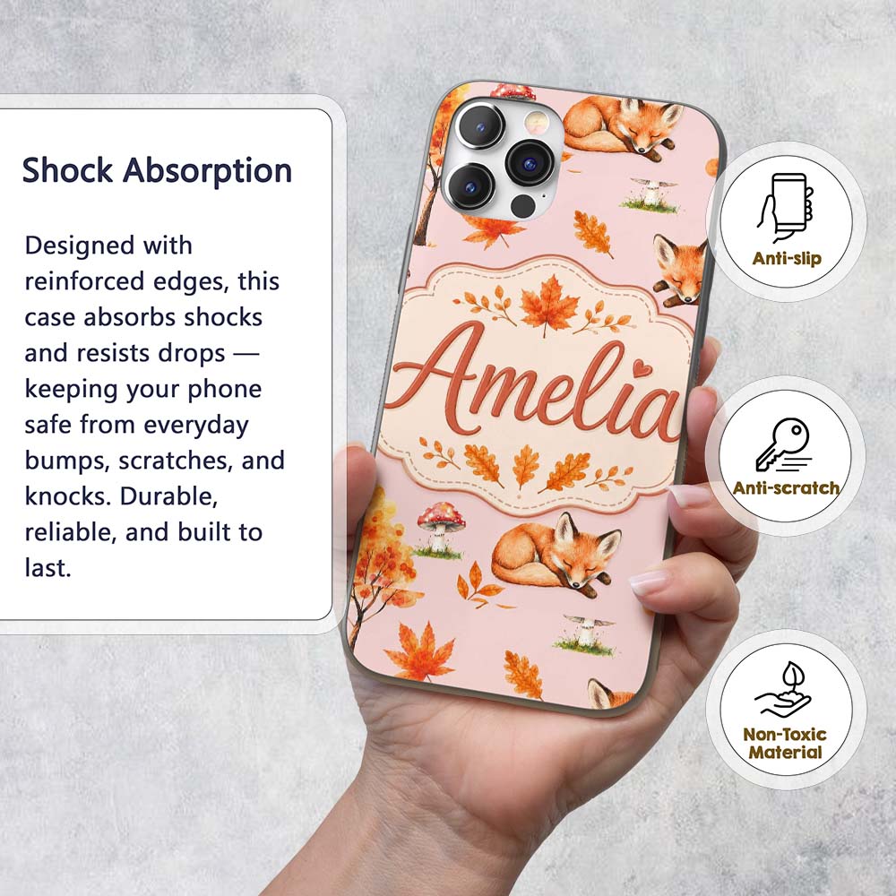 Cute Autumn Fox Leaves Mushrooms Watercolor Sage Custom Name Protective Phone Case Mobile Cover Durable Everyday Smartphone Shock Resistant