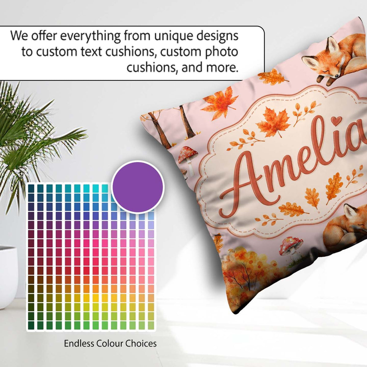 Custom Name Cute Autumn Fox Leaves Mushrooms Sage Green Seamless Square Filled Cushion Throw Pillow Sofa Bed Home Decor Zip Washable UK Made