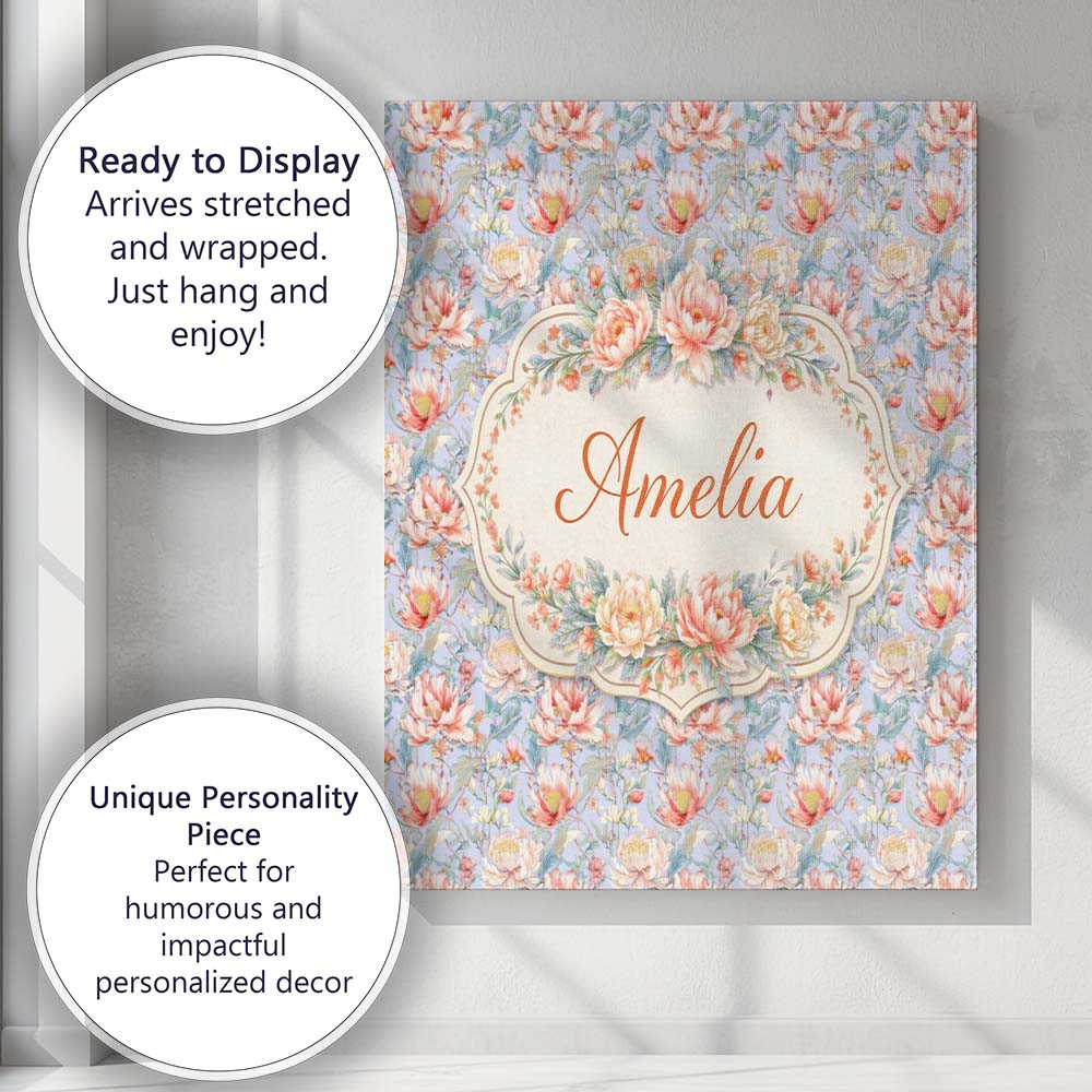 Personalised Name Soft Pastel Floral Botanical Light Blue Background Custom  Home Canvas Wall Art Print Decor Picture Ready to Hang
