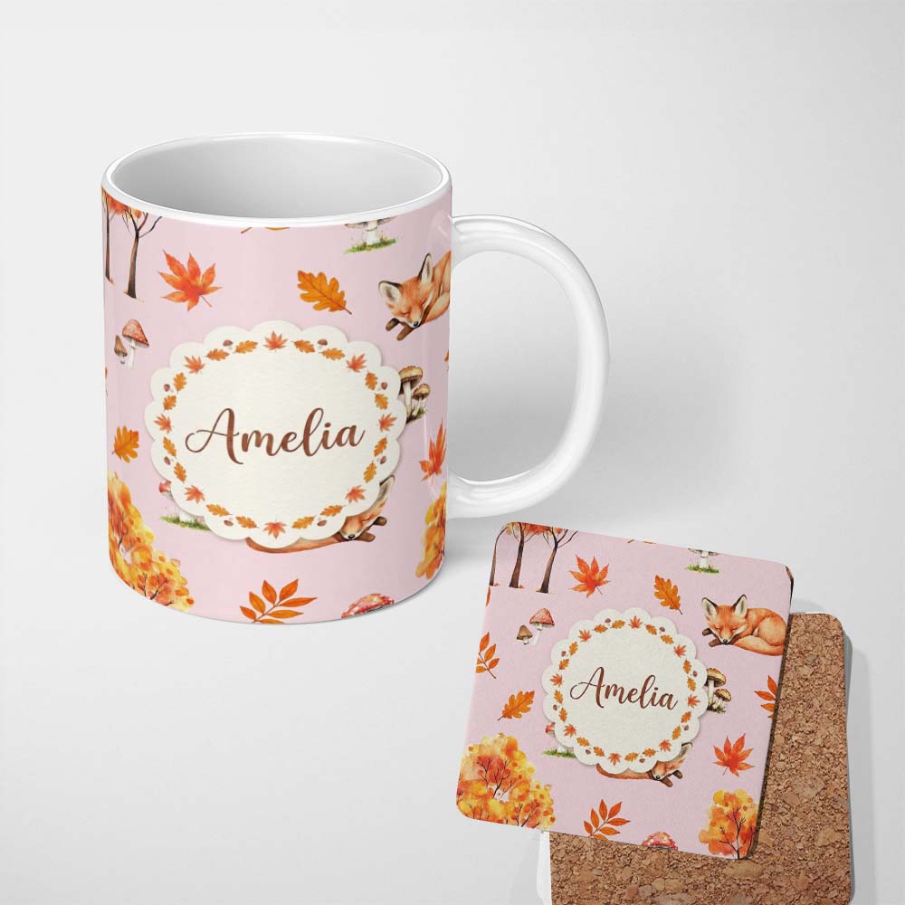 Personalized Custom Name Cute Autumn Fox Leaves Mushrooms Watercolor Soft Pink Seamless 11oz Ceramic Coffee Tea Mug White Large Handle