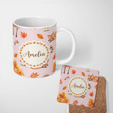 Personalized Custom Name Cute Autumn Fox Leaves Mushrooms Watercolor Soft Pink Seamless 11oz Ceramic Coffee Tea Mug White Large Handle