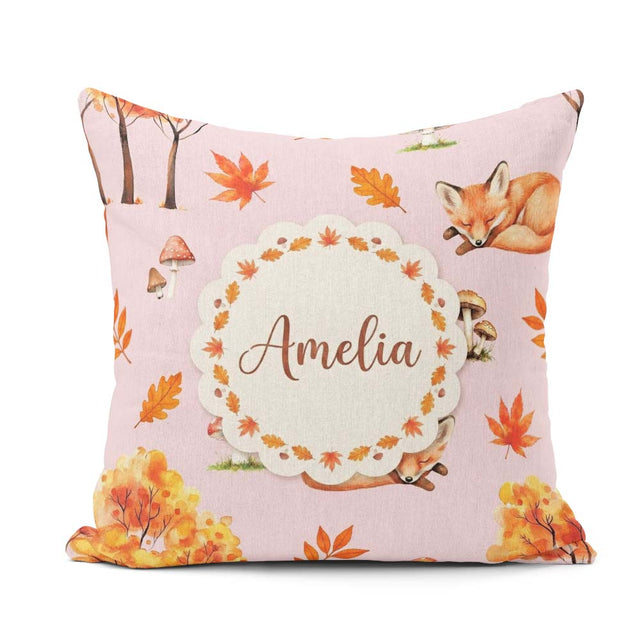 Custom Name Cute Autumn Fox Leaves Watercolor Soft Pink Seamless Square Filled Cushion Throw Pillow Sofa Bed Home Decor Zip Washable UK Made