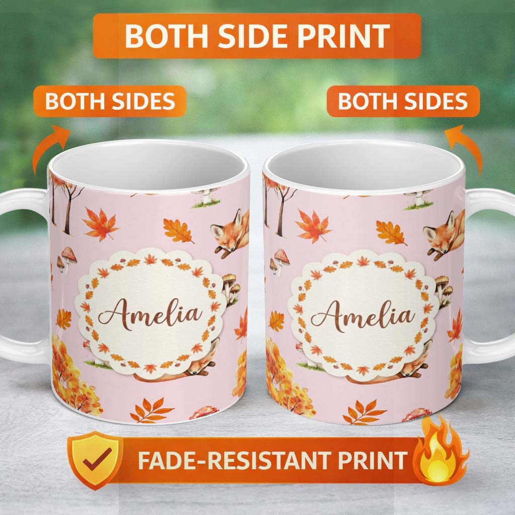 Personalized Custom Name Cute Autumn Fox Leaves Mushrooms Watercolor Soft Pink Seamless 11oz Ceramic Coffee Tea Mug White Large Handle