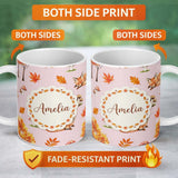 Personalized Custom Name Cute Autumn Fox Leaves Mushrooms Watercolor Soft Pink Seamless 11oz Ceramic Coffee Tea Mug White Large Handle