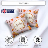 Custom Name Cute Autumn Fox Leaves Watercolor Soft Pink Seamless Square Filled Cushion Throw Pillow Sofa Bed Home Decor Zip Washable UK Made