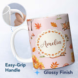 Personalized Custom Name Cute Autumn Fox Leaves Mushrooms Watercolor Soft Pink Seamless 11oz Ceramic Coffee Tea Mug White Large Handle