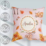 Custom Name Cute Autumn Fox Leaves Watercolor Soft Pink Seamless Square Filled Cushion Throw Pillow Sofa Bed Home Decor Zip Washable UK Made