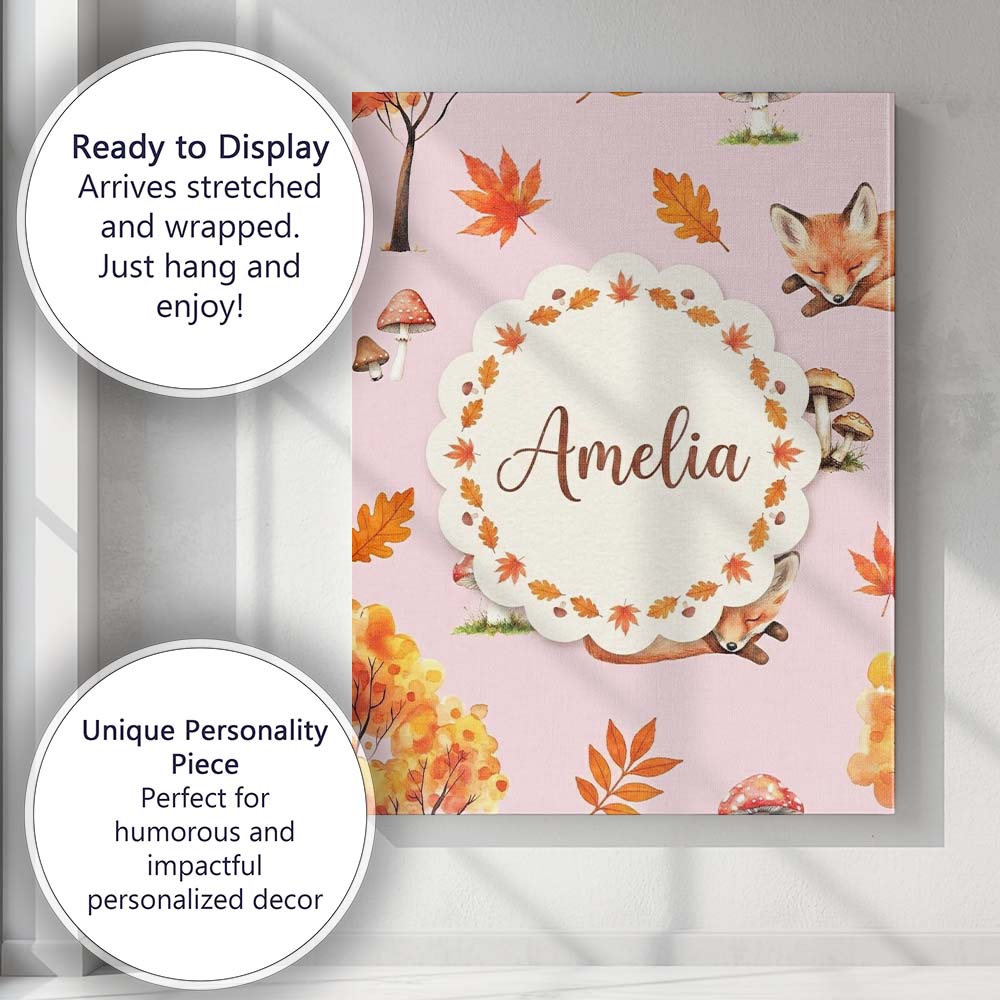 Personalised Name Cute Autumn Fox Leaves Custom  Unique Gift Idea Elegant Feature Canvas Wall Art Print Decor Picture Ready to Hang