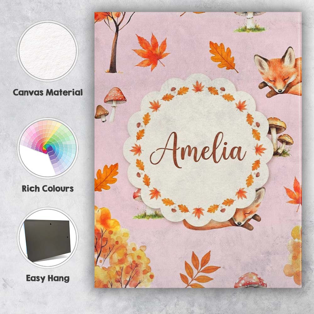 Personalised Name Cute Autumn Fox Leaves Custom  Unique Gift Idea Elegant Feature Canvas Wall Art Print Decor Picture Ready to Hang