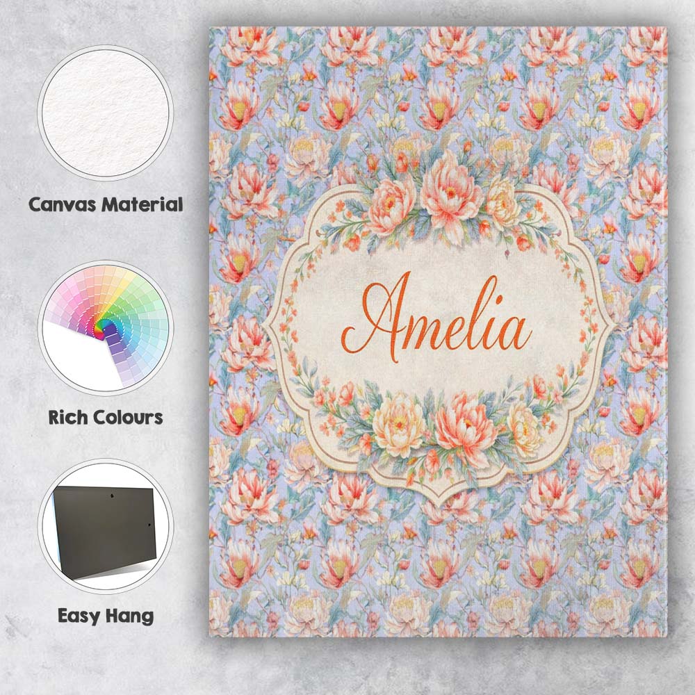 Personalised Name Soft Pastel Floral Botanical Light Blue Background Custom  Home Canvas Wall Art Print Decor Picture Ready to Hang