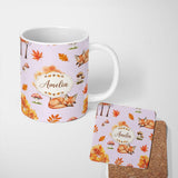 Personalized Custom Name Cute Autumn Fox Leaves Mushrooms Watercolor Neutral Cream Seamless 11oz Ceramic Coffee Tea Mug White Large Handle