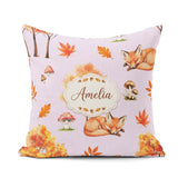 Custom Name Autumn Fox Leaves Mushrooms Watercolor Neutral Cream Square Filled Cushion Throw Pillow Sofa Bed Home Decor Zip Washable UK Made