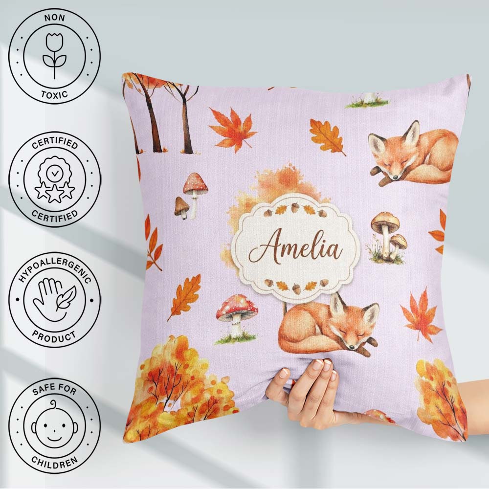 Custom Name Autumn Fox Leaves Mushrooms Watercolor Neutral Cream Square Filled Cushion Throw Pillow Sofa Bed Home Decor Zip Washable UK Made