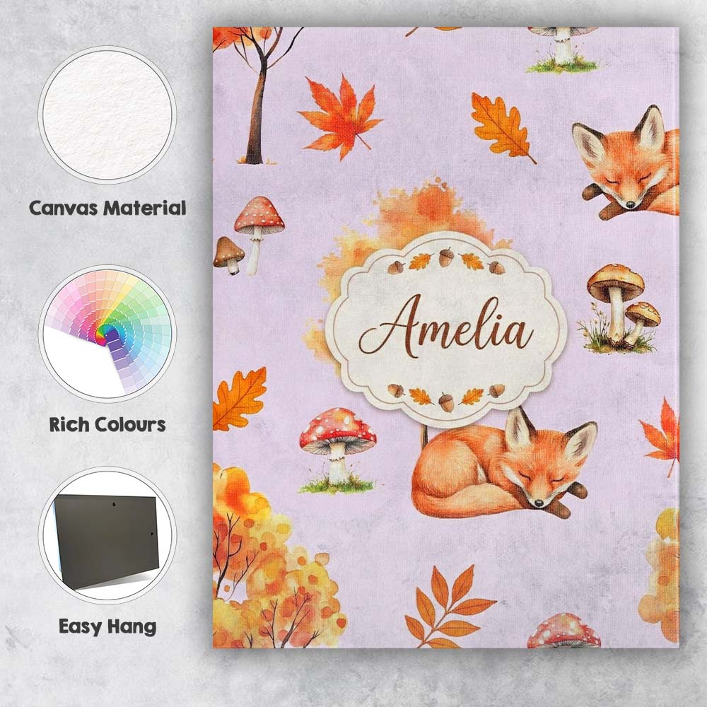 Personalised Name Cute Autumn Fox Leaves Custom  Unique Gift Idea Elegant Feature Canvas Wall Art Print Decor Picture Ready to Hang