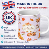 Personalized Custom Name Cute Autumn Fox Leaves Mushrooms Watercolor Neutral Cream Seamless 11oz Ceramic Coffee Tea Mug White Large Handle