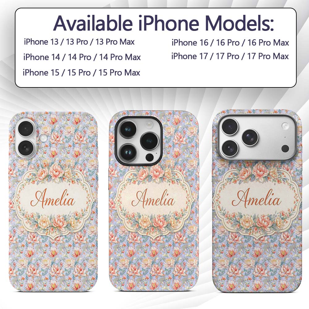 Soft Pastel Floral Botanical Light Printed Design Custom Name Protective Phone Case Mobile Cover Durable Everyday Smartphone Shock Resistant