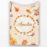 Cute Autumn Fox Leaves Mushrooms Watercolor Warm Beige Seamless  Personalised Custom Name Super Soft Fleece Blanket Bed Sofa Throw